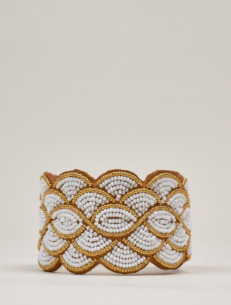 Accessories laidback london | Wave Leather Beaded Cuff Bracelet Gold White