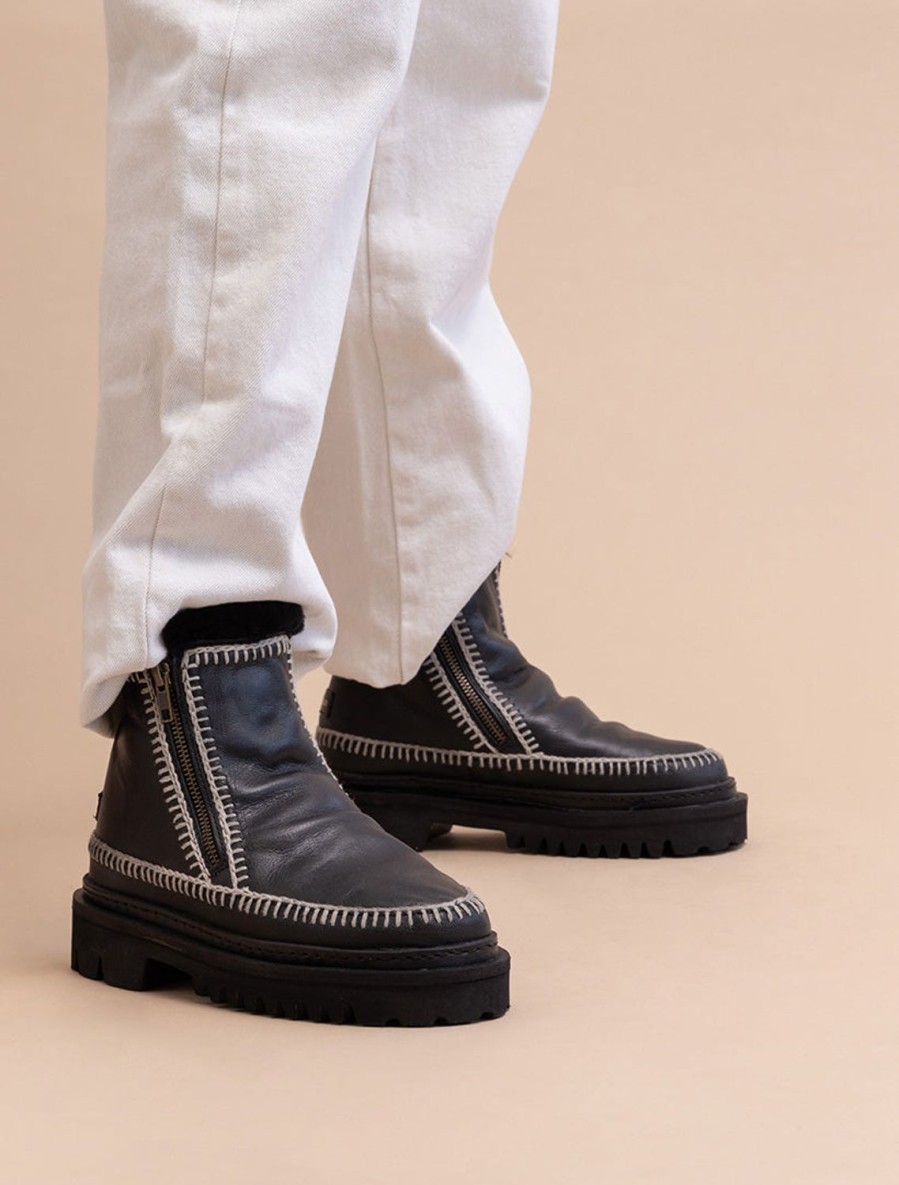 Shoes laidback london | Setsu 3.0. Crochet Ankle Boot Black Leather Light Grey