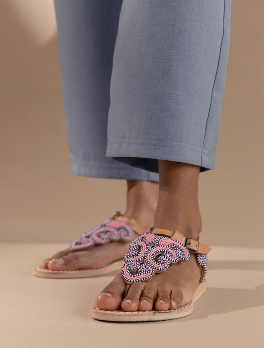 Sandals laidback london | Paisley Flat Light Brown Leather Baby Pink