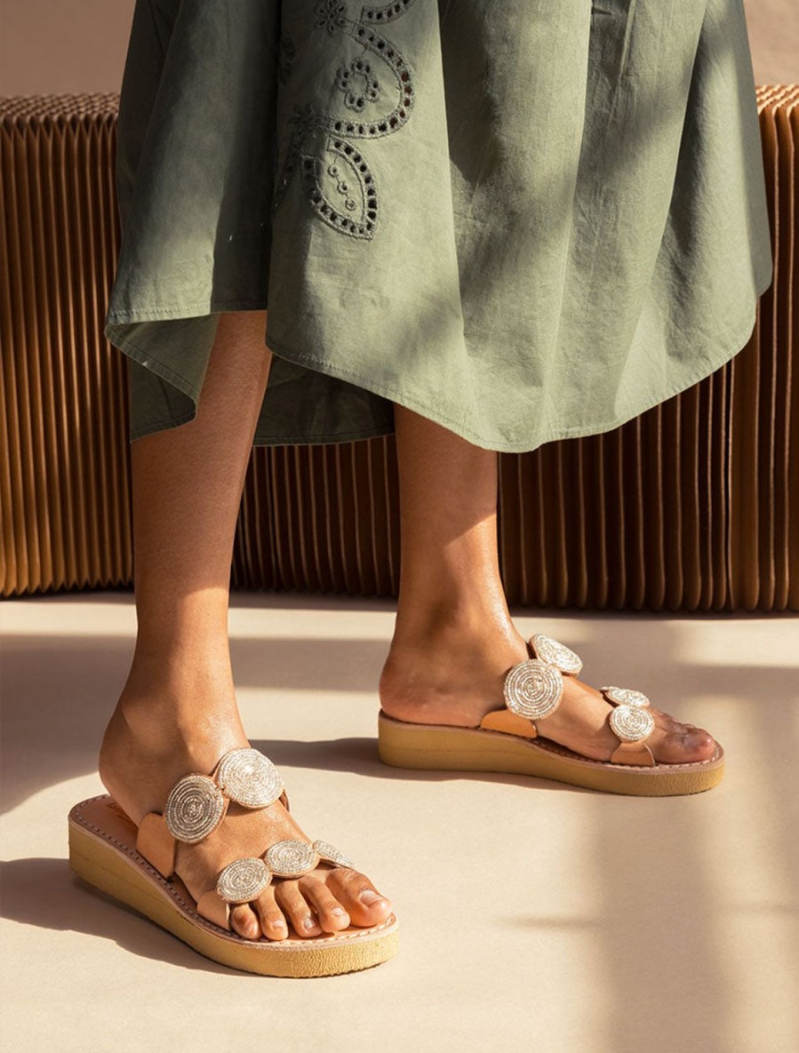 Sandals laidback london | Saani Eva Mid Wedge Light Brown Leather Silver