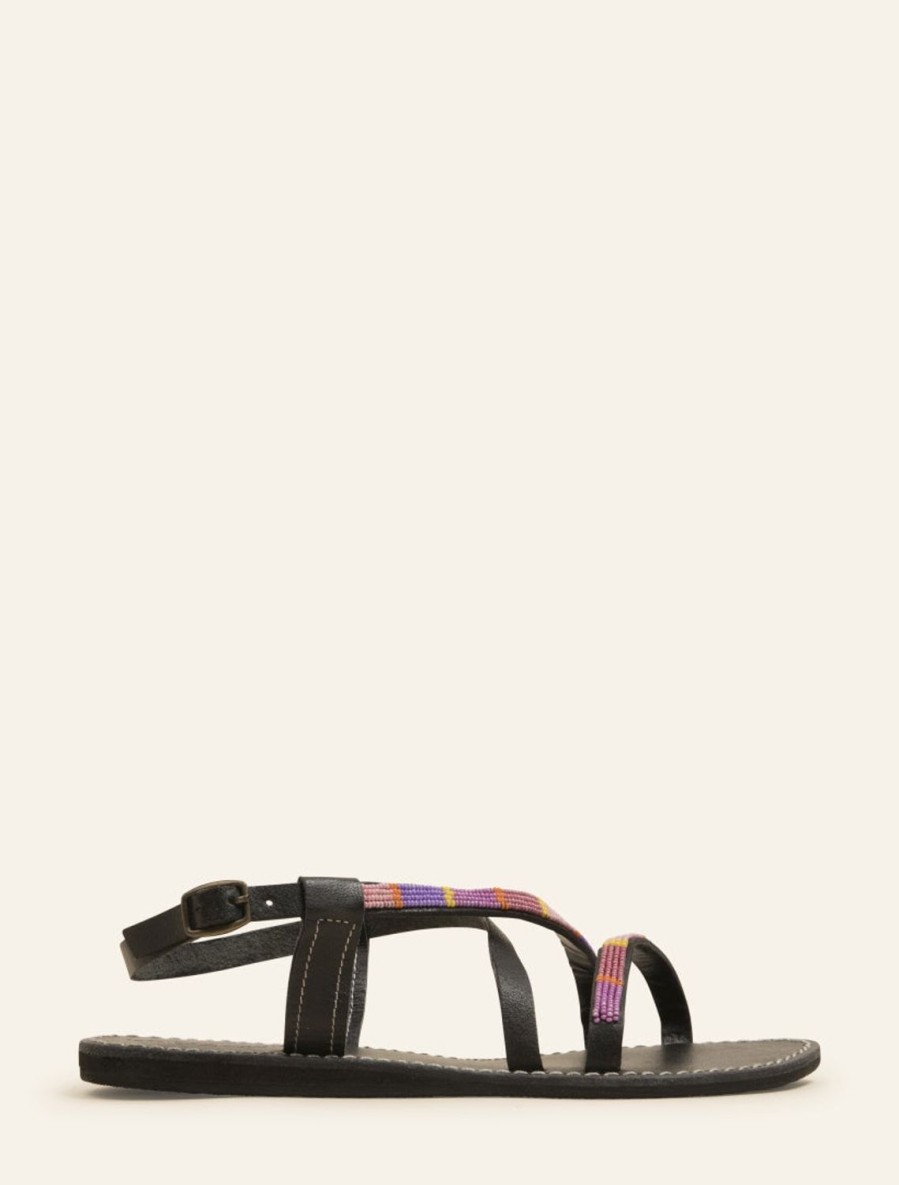 Sandals laidback london | Azari Flat Black Leather Sandal Purple Mix