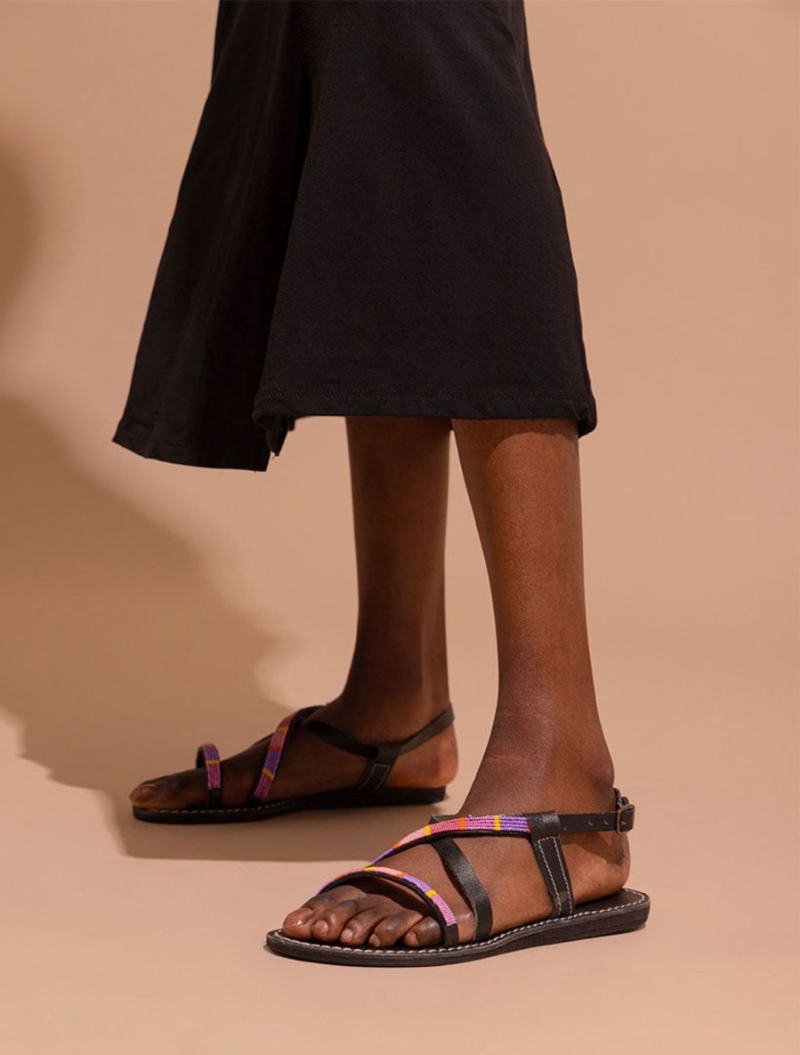 Sandals laidback london | Azari Flat Black Leather Sandal Purple Mix