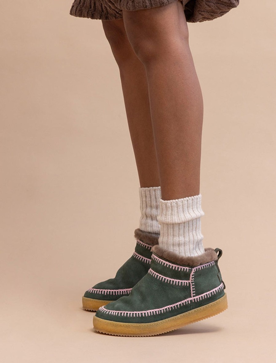 Shoes laidback london | Nyuki Low Crochet Ankle Boot Bottle Green Suede Baby Pink