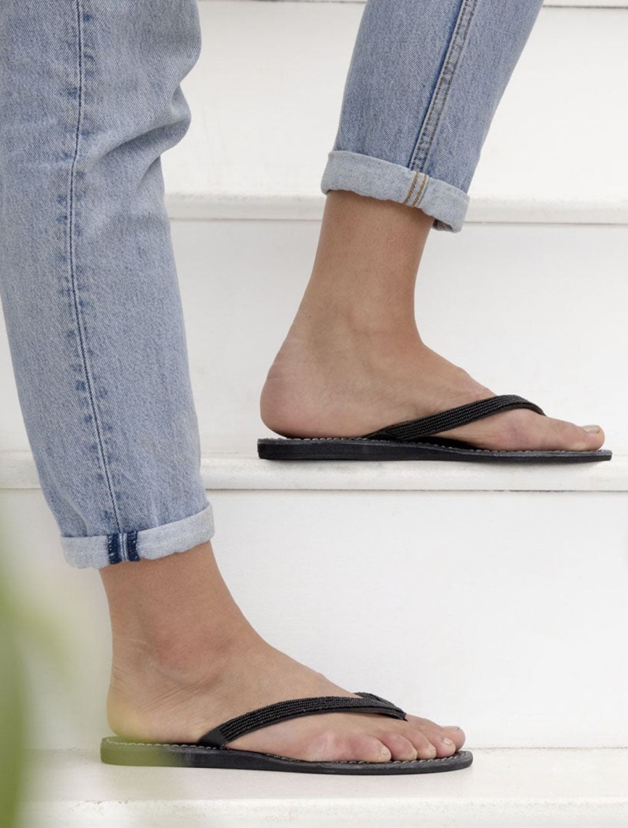 Sandals laidback london | Seri Flat Black Leather Sandal Black