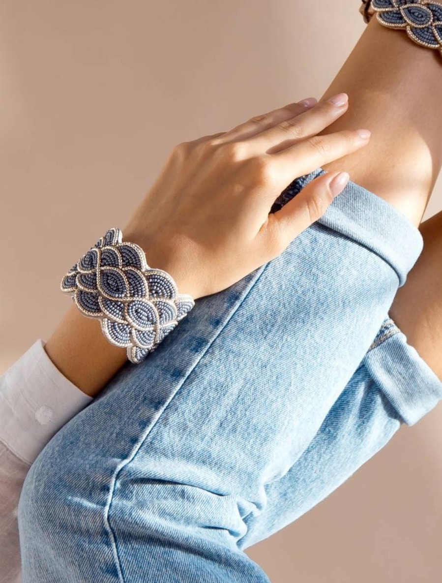 Accessories laidback london | Wave Tan Leather Beaded Cuff Bracelet Silver Grey