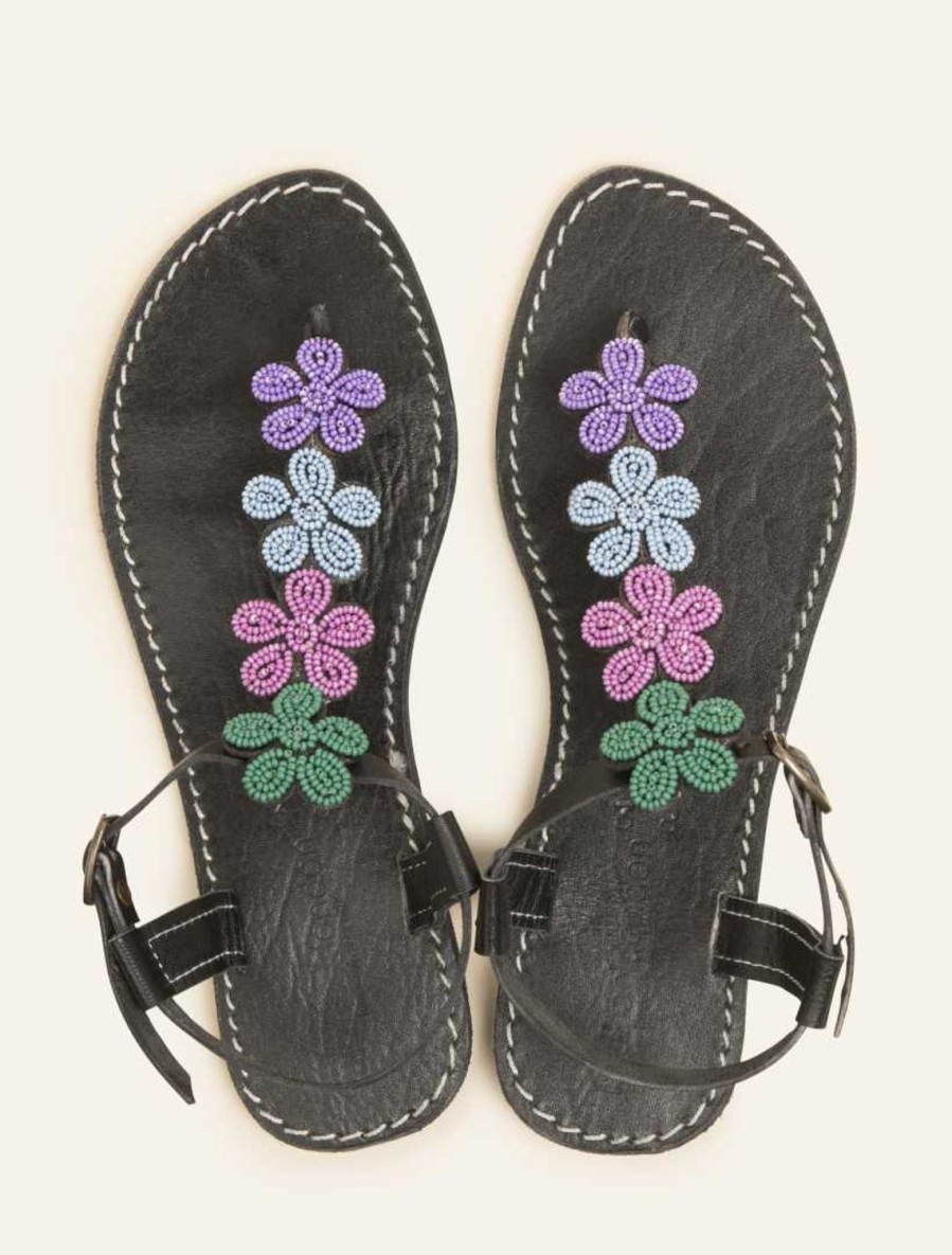 Sandals laidback london | Senyo Flat Black Leather Sandal Purple Mix