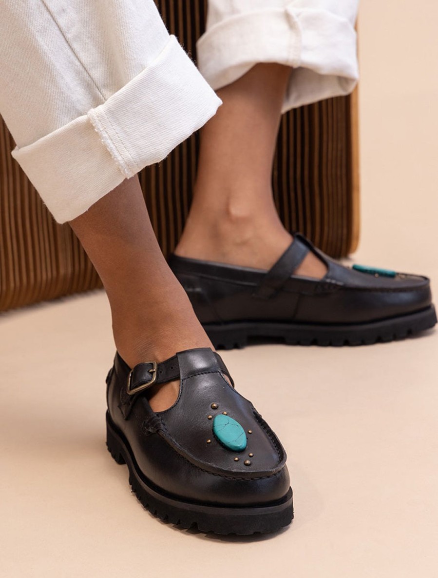 Shoes laidback london | Askari Chunky Mary Janes Black Leather Turquoise