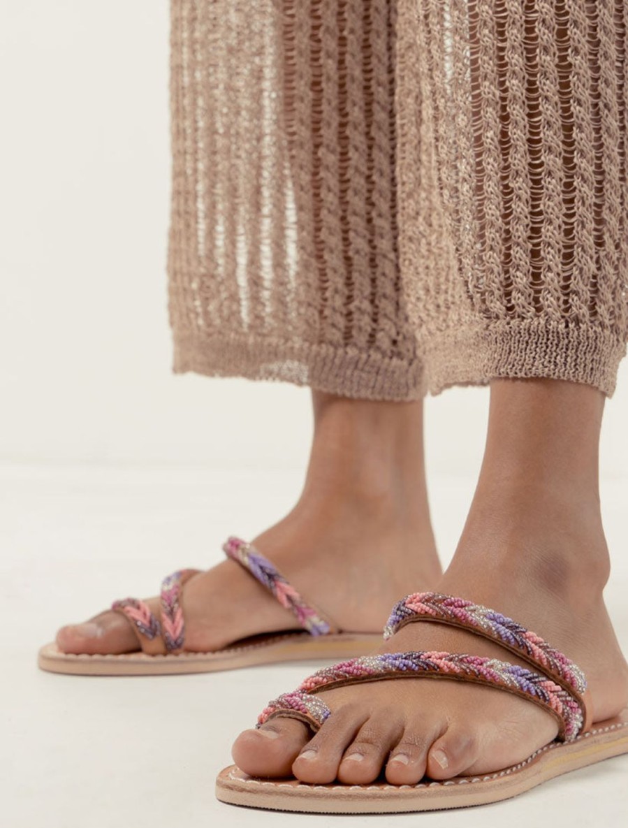 Sandals laidback london | Diani Flat Light Brown Leather Rose Mix