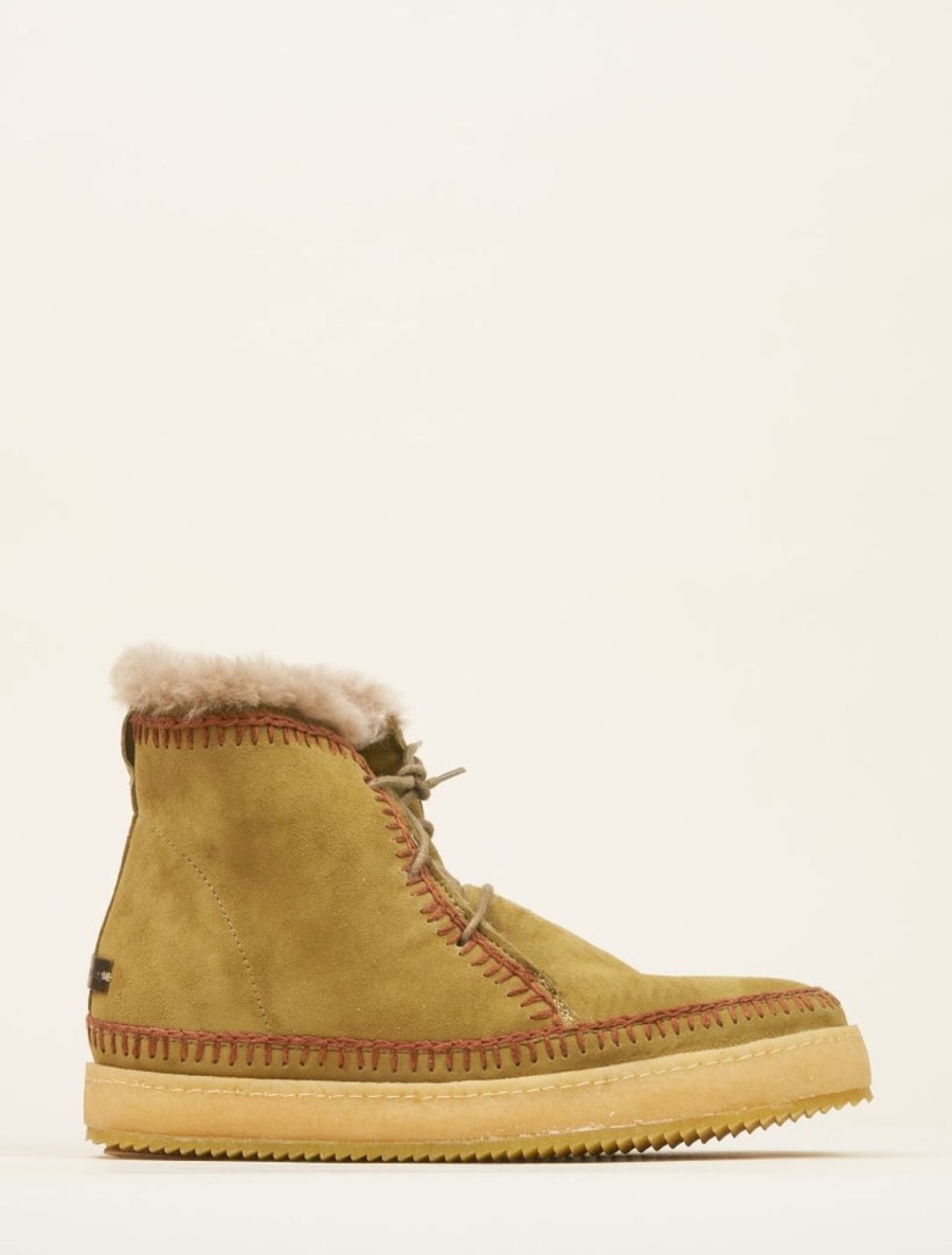 Shoes laidback london | Argo Crochet Lace Up Ankle Boot Khaki Suede