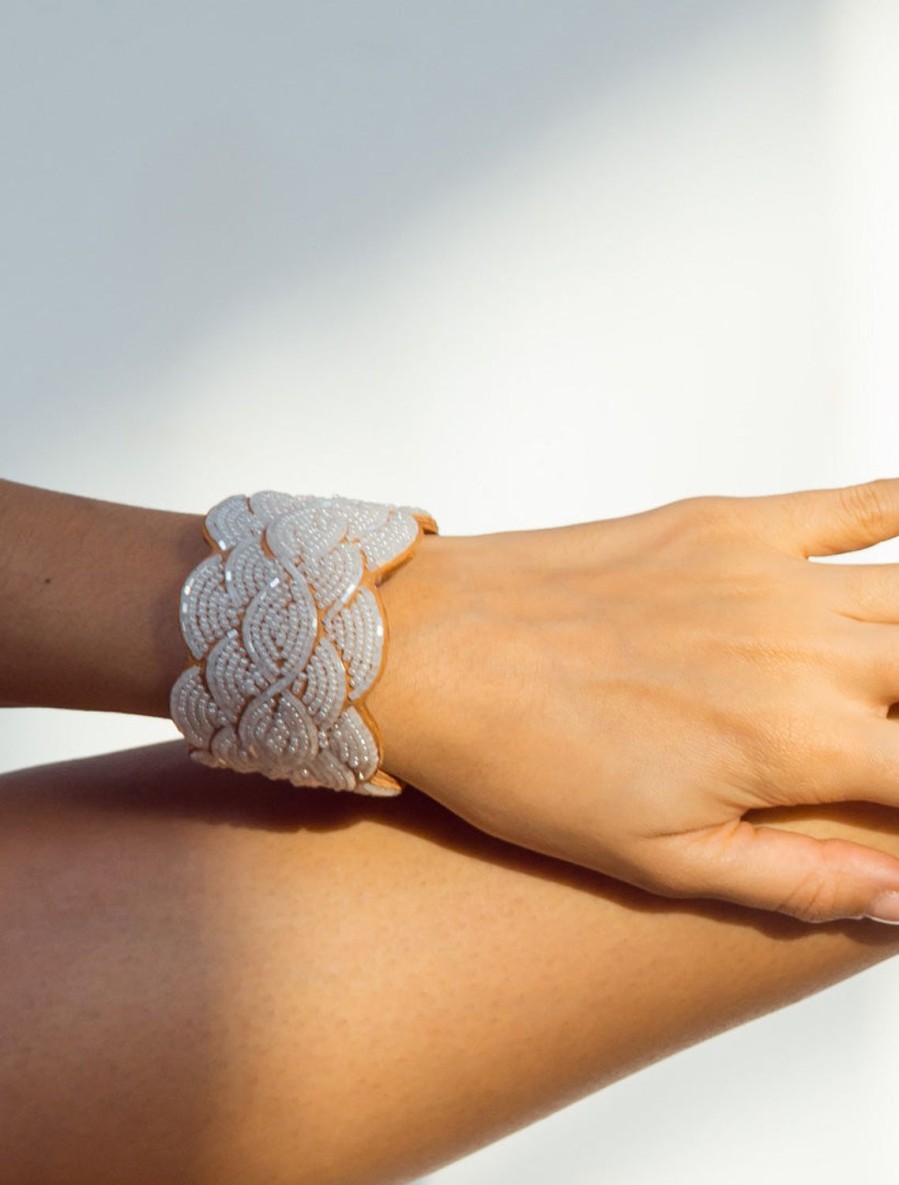 Accessories laidback london | Wave Leather Beaded Cuff Bracelet Snow White